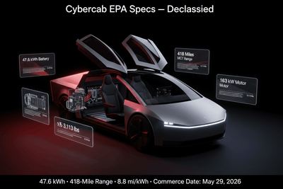 Tesla Cybercab EPA Specs Declassified: 48 kWh Battery, 418-Mile Test Range, and a Curb Weight That Demands Explanation