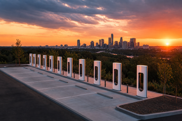 Tesla Supercharger station at dusk in Austin with white stalls under dramatic sky