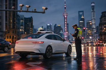 Autonomous electric sedan at Shanghai intersection with traffic cameras and police officer, no text