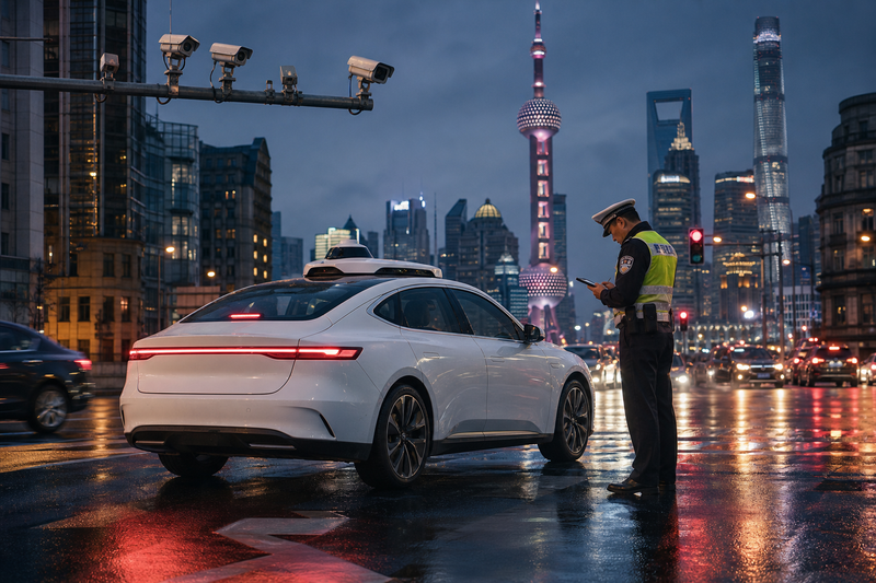 Autonomous electric sedan at Shanghai intersection with traffic cameras and police officer, no text