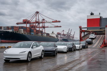 Tesla vehicles at Shanghai port awaiting export