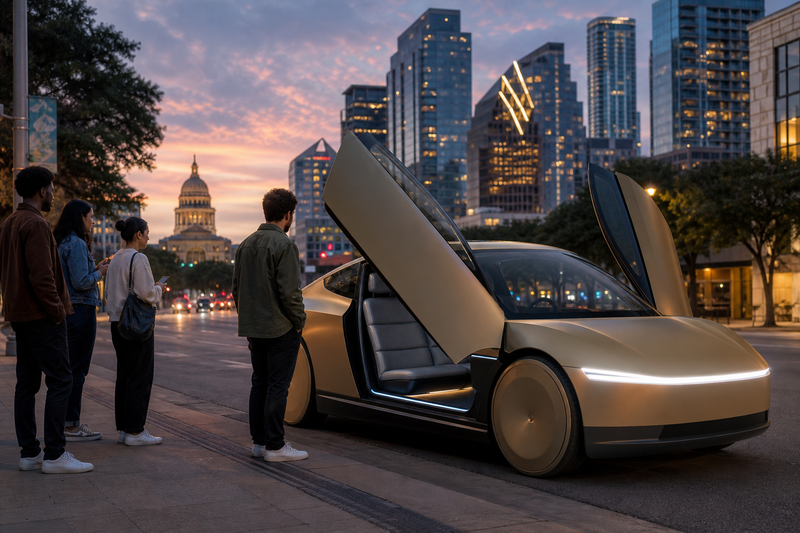 Tesla Cybercab without steering wheel parked on an Austin street at dusk