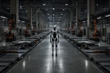 Empty Tesla assembly line bay with humanoid robot in place of vehicle production
