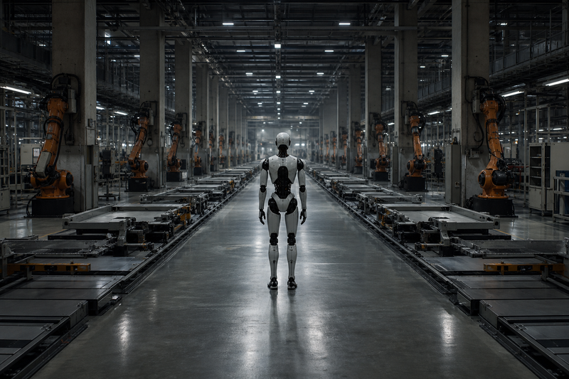 Empty Tesla assembly line bay with humanoid robot in place of vehicle production
