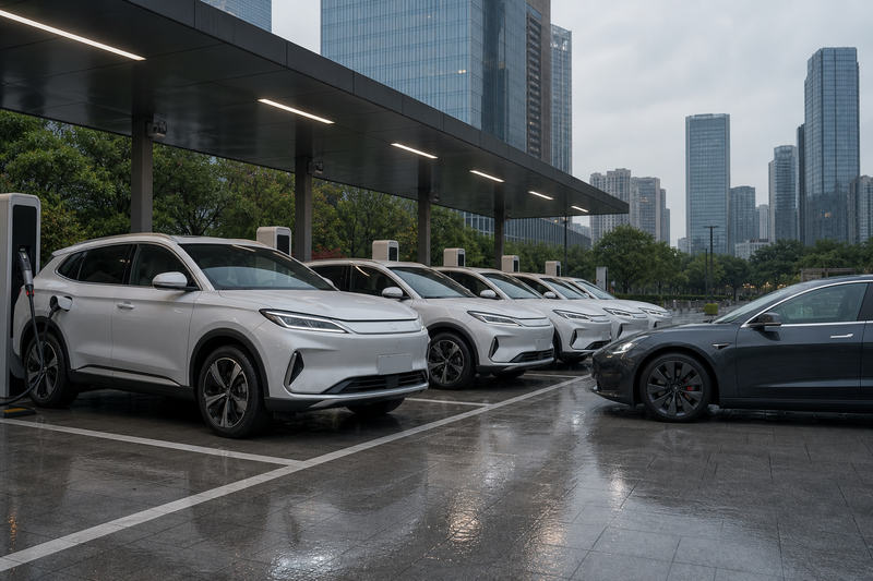 BYD electric SUVs and a Tesla charging at an urban station in China