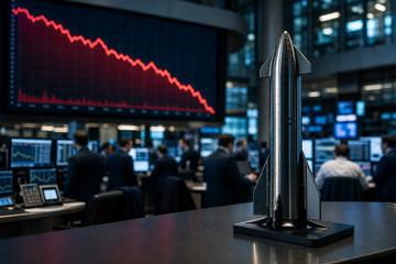 SpaceX Starship model on a trading desk with a red downward market trend on a screen behind it