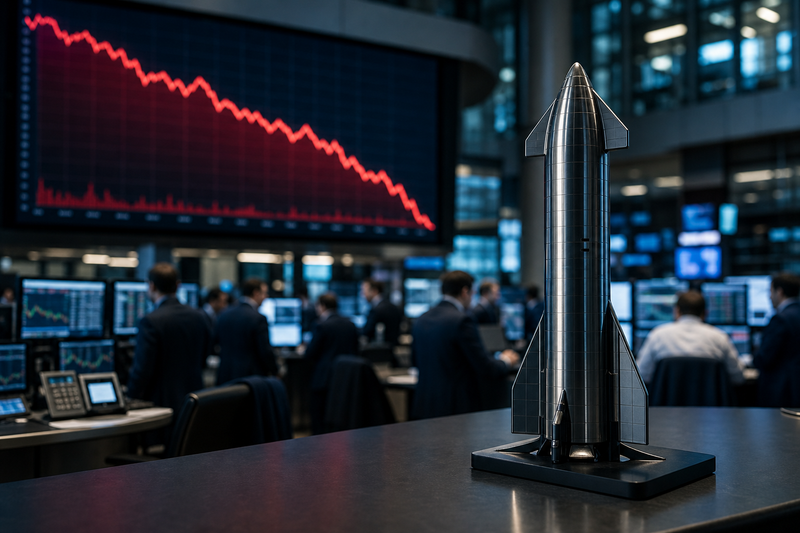 SpaceX Starship model on a trading desk with a red downward market trend on a screen behind it