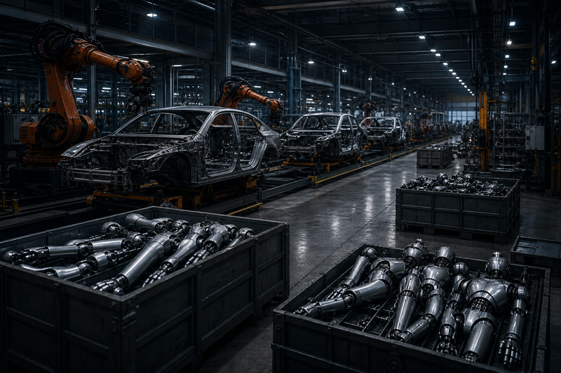 Disassembled automotive production line with robotic arms and humanoid robot parts, no text.