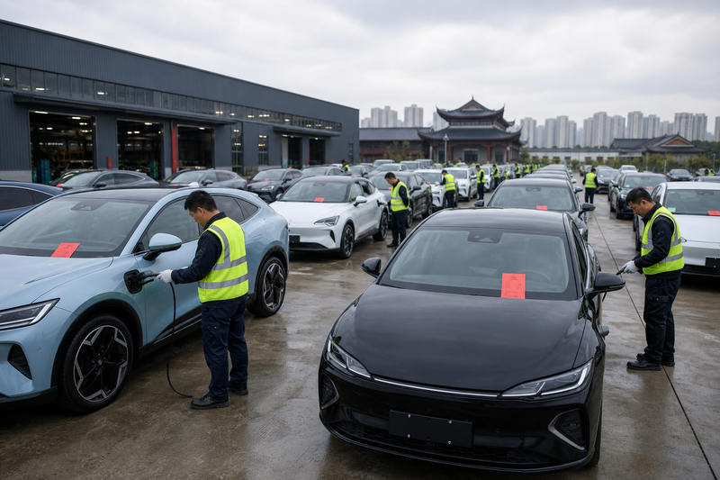 Electric vehicles lined up for regulatory safety inspection at a Chinese recall facility