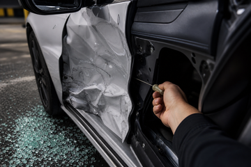 Crumpled electric sedan door interior with hand pulling manual release after simulated crash test