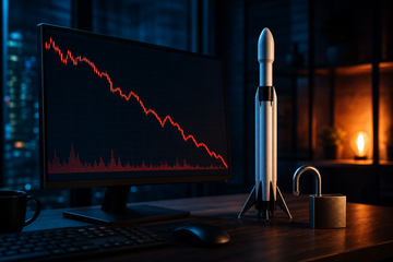 SpaceX stock chart decline with Falcon 9 model and padlock