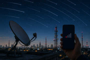 Starlink satellite streaks over a city with telecom towers and a smartphone showing weak signal bars