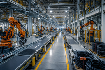 Empty Tesla assembly line cleared for retooling, robotic arms idle, no car bodies visible