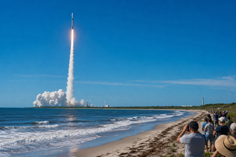Falcon 9 rocket ascending over Cape Canaveral after launching final O3b mPOWER satellites, seen from a beach