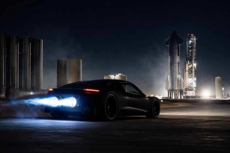 Electric Roadster with glowing rear thrusters at night
