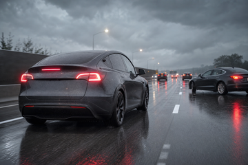Tesla Model Y performing an evasive maneuver on a rainy highway with FSD engaged