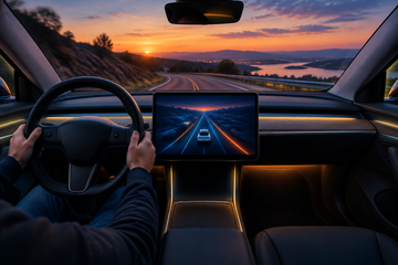 Tesla Model 3 interior at dusk with central screen showing abstract road visualization and driver hands on wheel