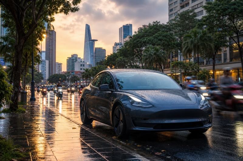 Tesla Model 3 parked on a Ho Chi Minh City street at dusk with motorbikes passing by