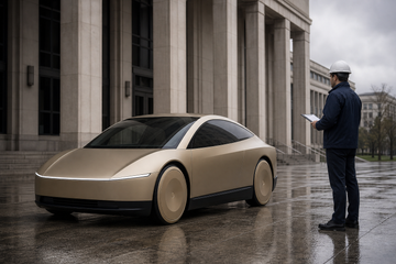 Tesla Cybercab prototype outside a federal building being inspected for certification