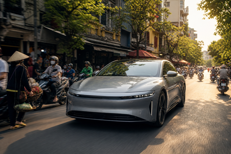 Electric sedan driving on a busy Vietnamese street with motorbikes and urban shops