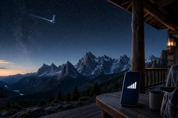 Starlink satellite over remote US mountains with smartphone showing signal bars