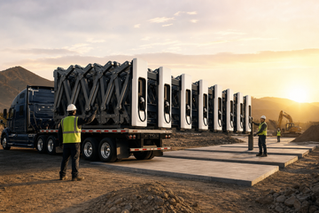 Accordion-folded electric vehicle charging stalls on a flatbed truck at a construction site