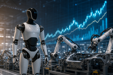 Tesla Optimus humanoid robot on factory floor with rising stock chart background