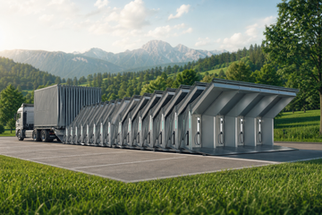 Prefabricated Tesla Supercharger stalls unfolding from truck in Bavaria