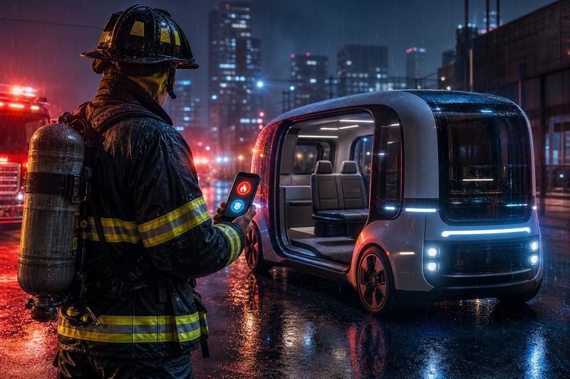 Firefighter beside a Tesla robotaxi at night, holding phone to call emergency support, no text or logos
