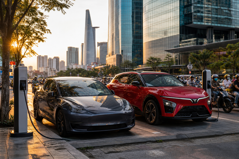 Tesla and VinFast electric vehicles on a Ho Chi Minh City street