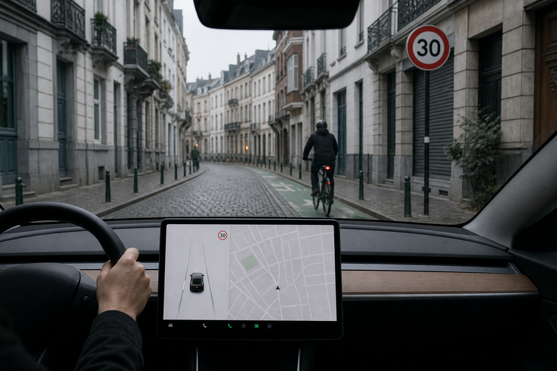 Tesla driving past European speed limit sign on Brussels street with cyclist ahead