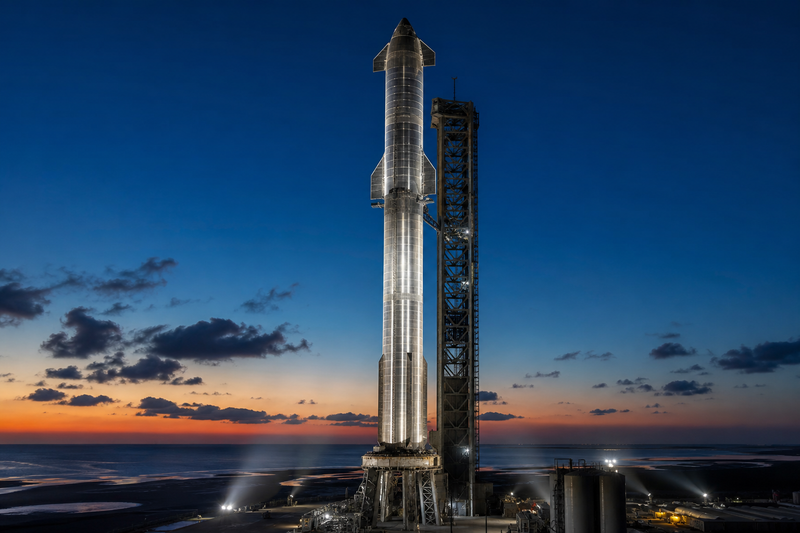 Stacked Starship upper stage on Super Heavy booster at dusk on launch pad