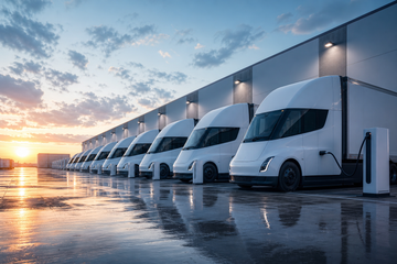 Tesla Semi electric trucks charging at a warehouse at dawn