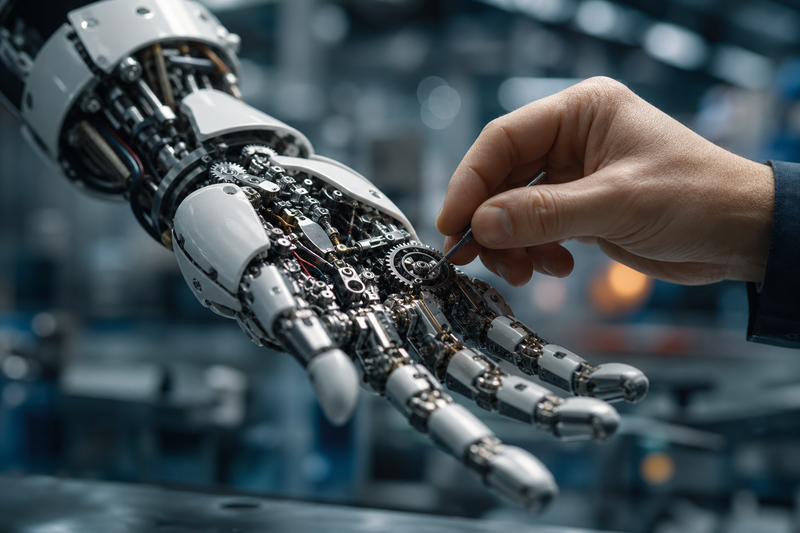 Close-up of an Optimus humanoid robot hand on a production line with a technician inspecting components