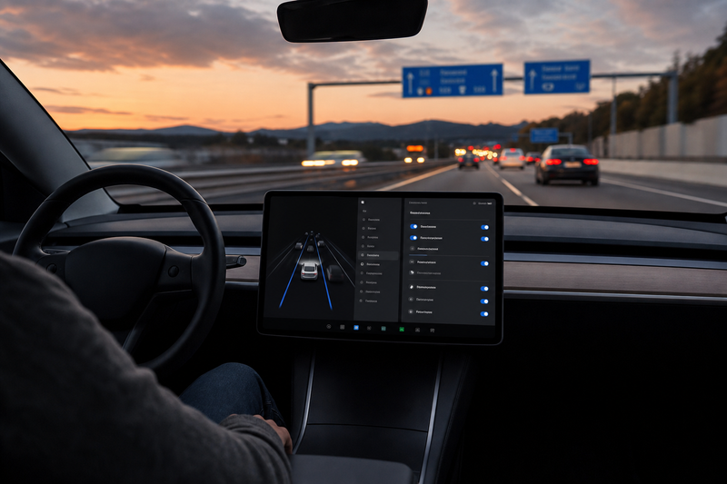 Tesla Model 3 on European highway with Autopilot settings visible on touchscreen