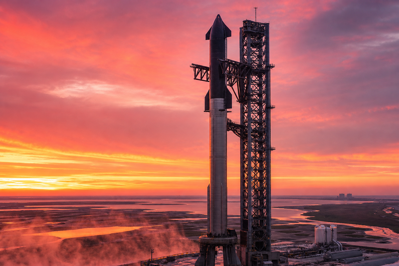 Starship stacked at Starbase launch mount under dawn sky before Flight 14
