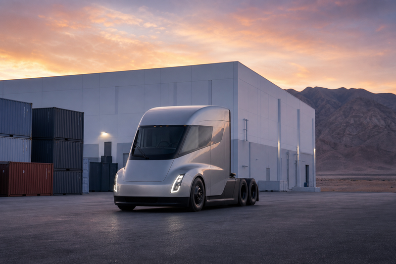 Silver Tesla Semi truck parked outside Nevada factory at dusk with desert mountains in background
