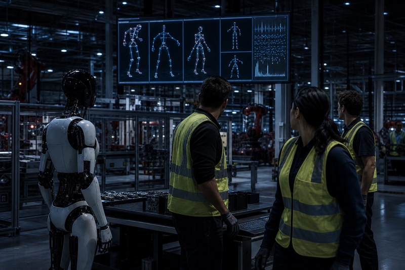 Tesla workers look back at an Optimus robot on a dim factory floor, no text.