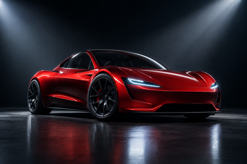 Tesla Roadster on stage under spotlights at an unveiling event
