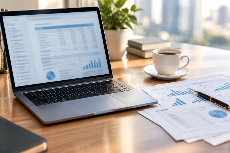 Laptop displaying a SEC filing page on a desk with printed documents and coffee