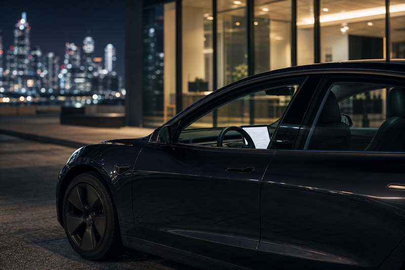 Tesla touchscreen displaying SEC Form 8-K filing in parked Model 3 at night with city lights behind.