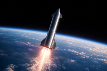 SpaceX Starship ascending to orbit on its 14th test flight, Earth's curvature visible, engines firing