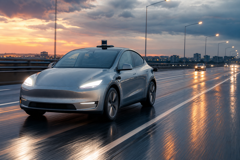 Tesla Model Y driving on European highway with FSD sensors visible