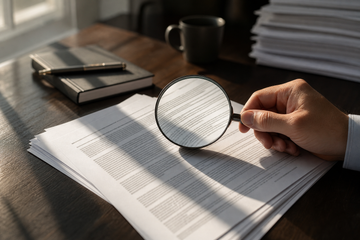 Magnifying glass over printed SEC filing pages on a desk