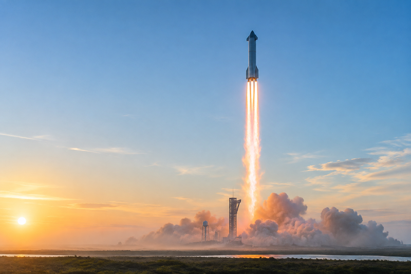 Starship rocket ascending with engine plumes against a Texas morning sky