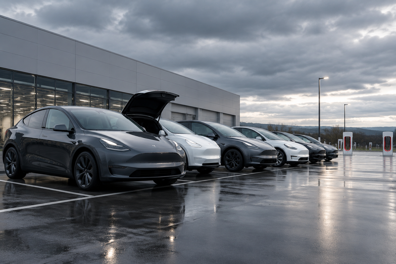 Tesla vehicles at delivery center under overcast sky