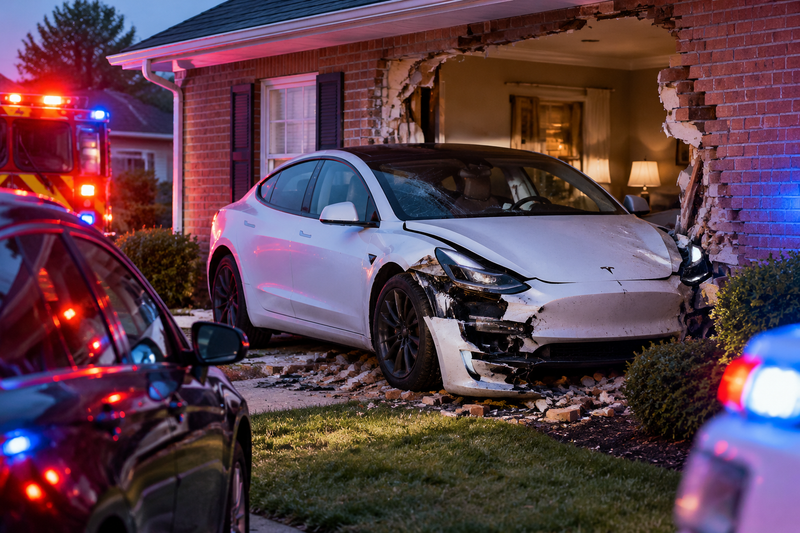 Emergency responders near a Tesla crashed into the front of a suburban house
