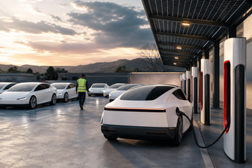 Driverless Tesla Cybercab at a Supercharger stall with one worker tending multiple robotaxis