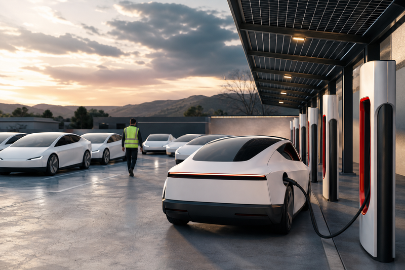 Driverless Tesla Cybercab at a Supercharger stall with one worker tending multiple robotaxis