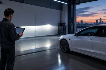 Tesla Model 3 in service bay with glowing headlights while technician checks software update on tablet